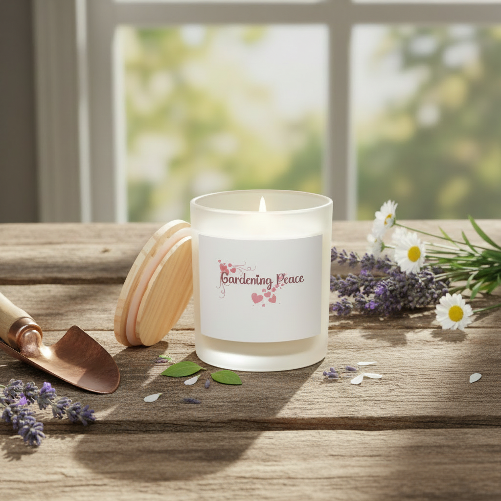 Candle labeled 'Gardening Peace' on a wooden surface with flowers and gardening tools.