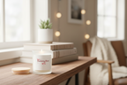 Candle with a label on a wooden table in a cozy room with books and decor.