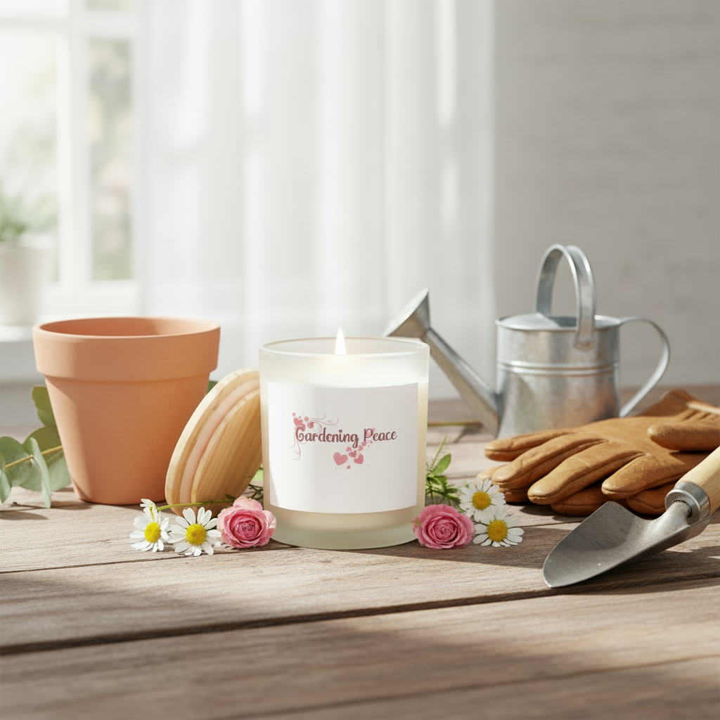 Candle labeled 'Gardening Peace' with gardening tools and plants on a wooden surface.