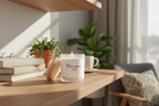 Candle with a label on a wooden surface with books and plants in the background