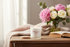 Candle with a floral design on a wooden table with flowers and an open book in the background.