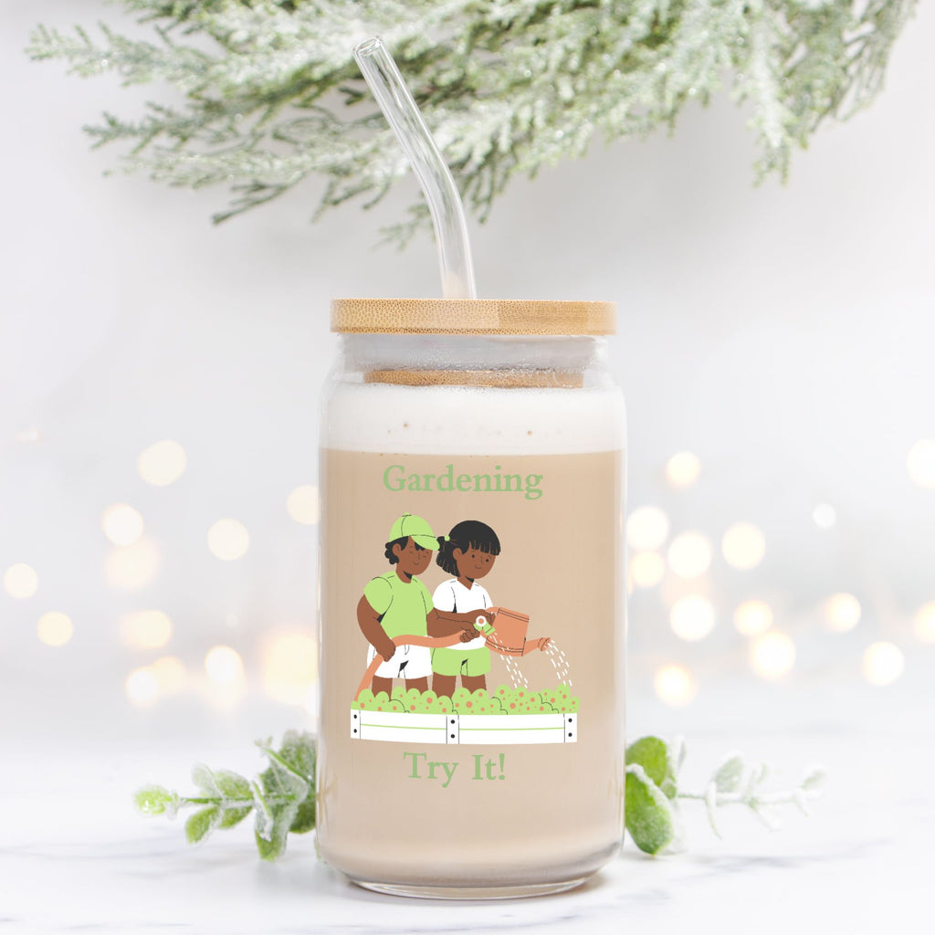 Jar with a lid and straw, featuring an illustration of two people gardening, on a white background with blurred lights and greenery.