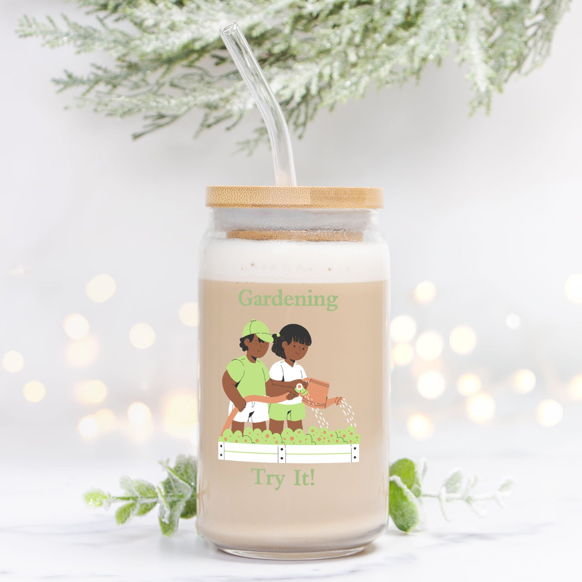 Jar with a lid and straw, featuring an illustration of two people gardening, on a white background with blurred lights and greenery.