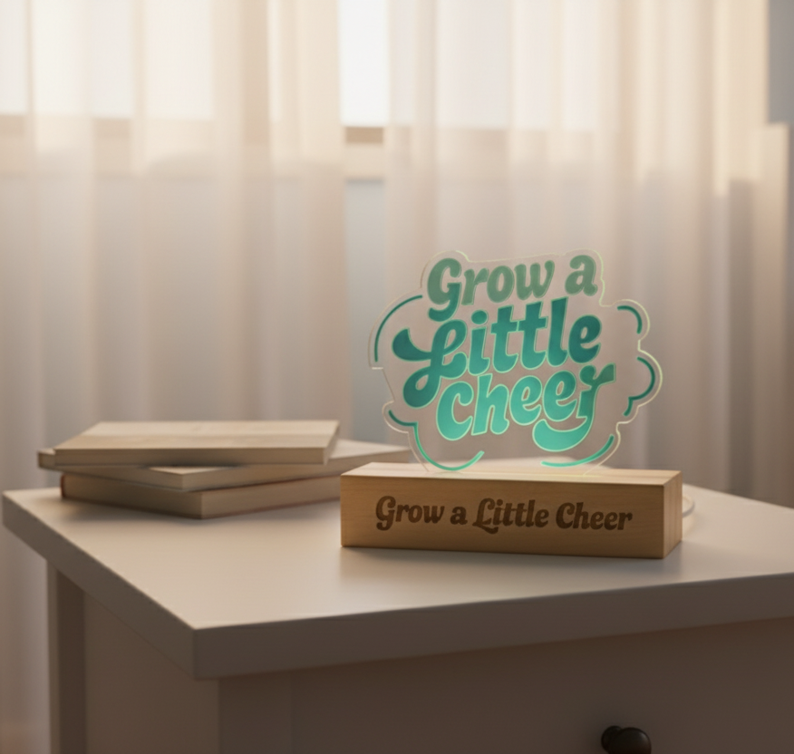 Decorative sign with 'Grow a Little Cheer' text on a table with light curtains in the background