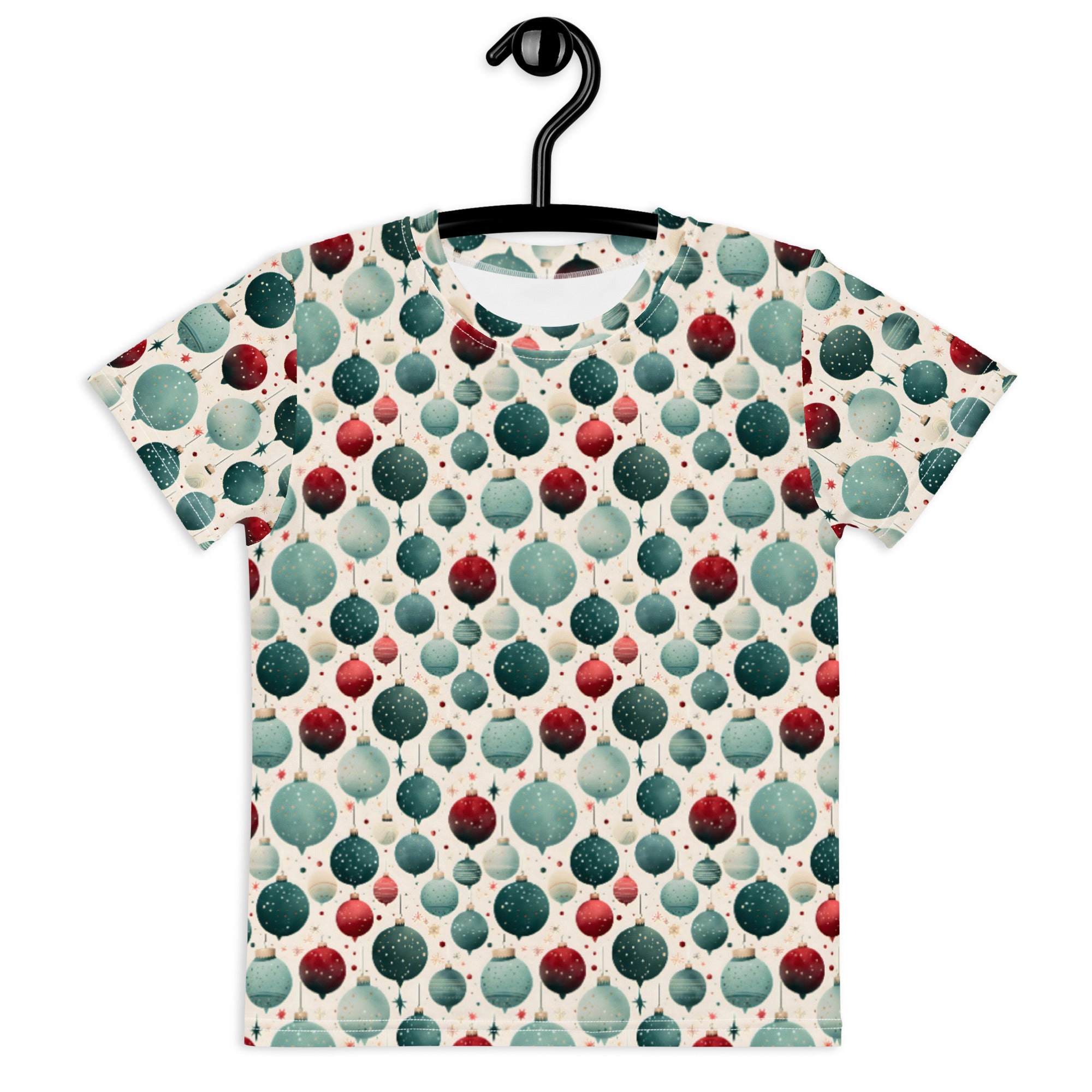 T-shirt with a colorful ball pattern on a hanger against a white background