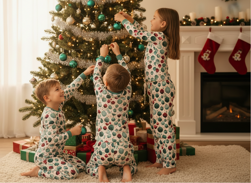 Three children in matching pajamas decorating a Christmas tree in a cozy living room.
