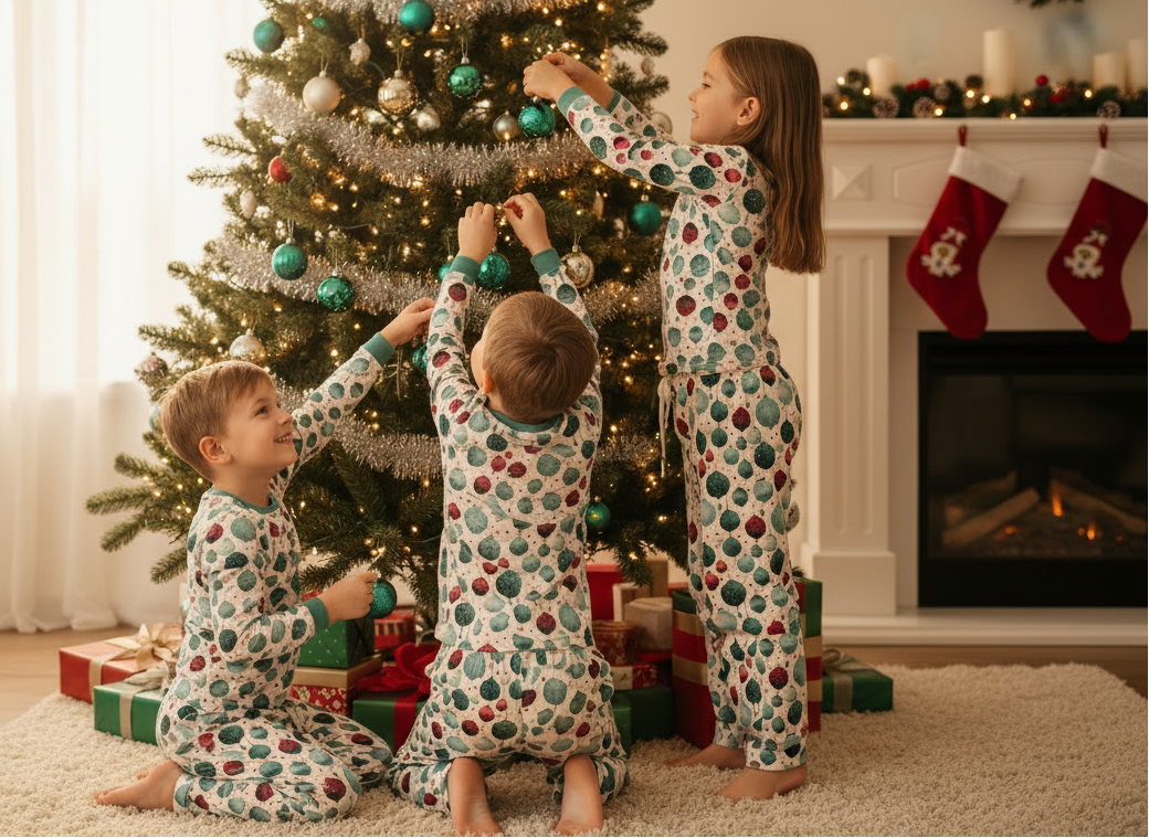 Three children in matching pajamas decorating a Christmas tree in a cozy living room.