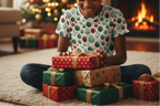 Child sitting on the floor with a stack of Christmas presents in a cozy living room.