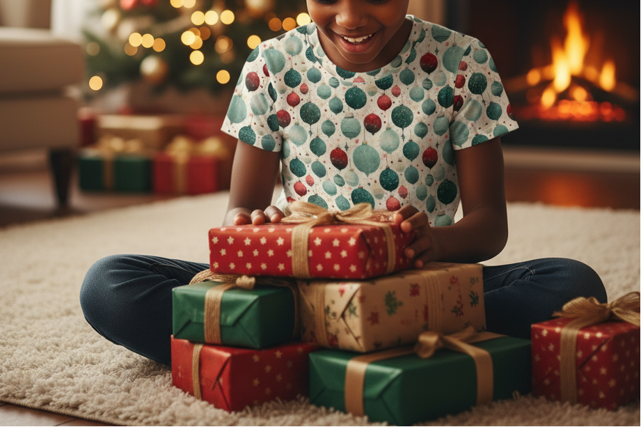 Child sitting on the floor with a stack of Christmas presents in a cozy living room.