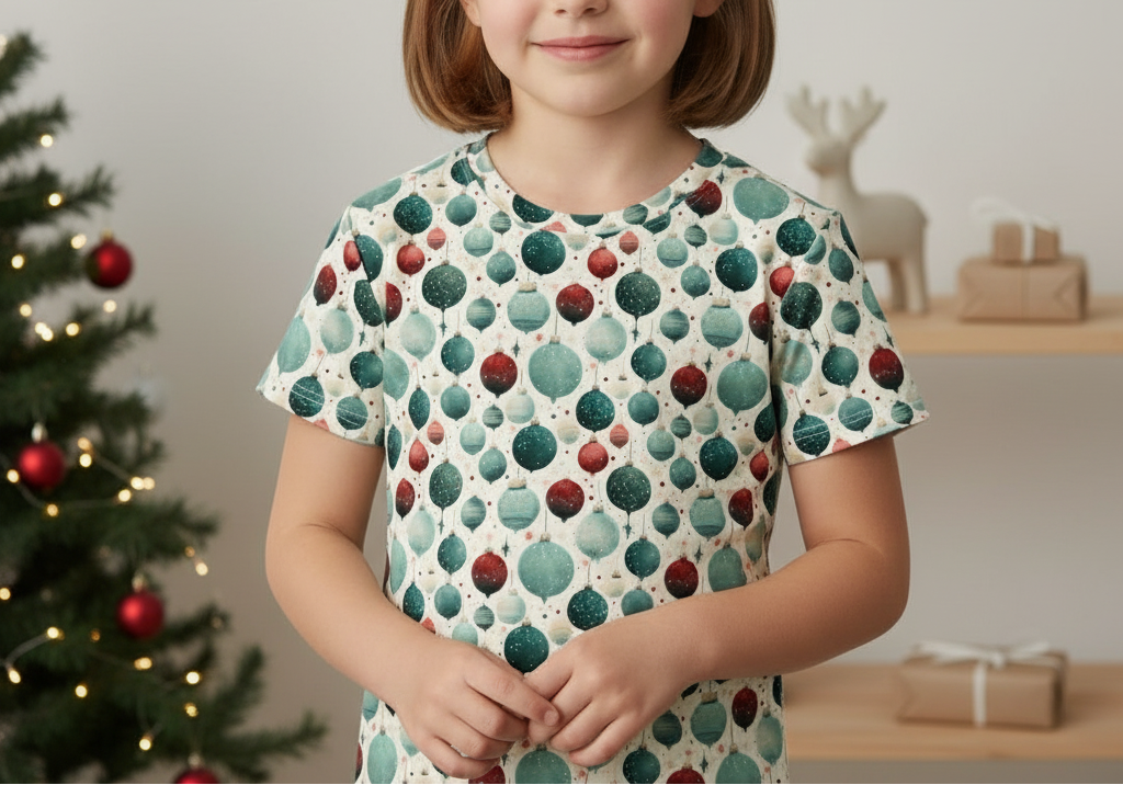 Child wearing a festive shirt with Christmas-themed decorations in a decorated room.
