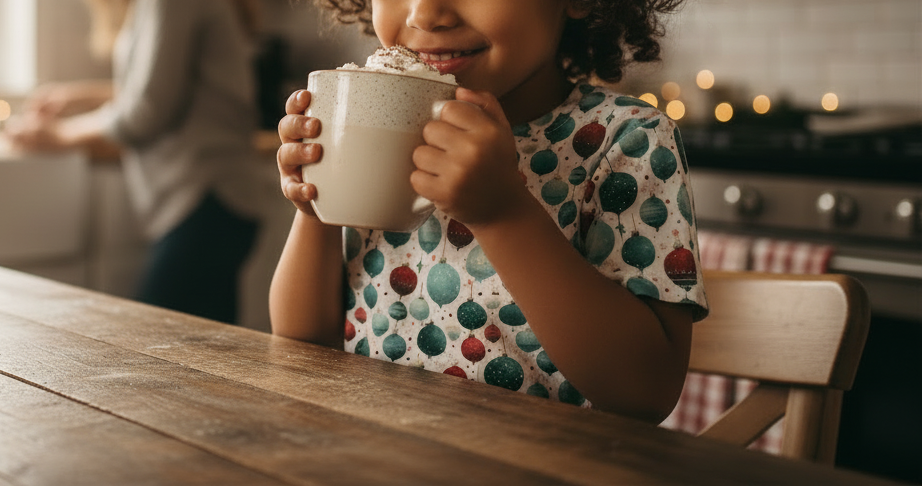 Child drinking from a mug in a kitchen setting
