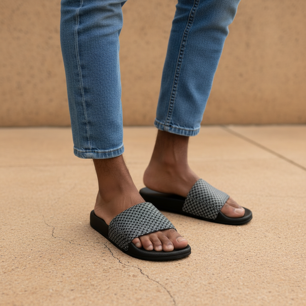 Person wearing black and gray patterned sandals with rolled-up blue jeans on a beige background