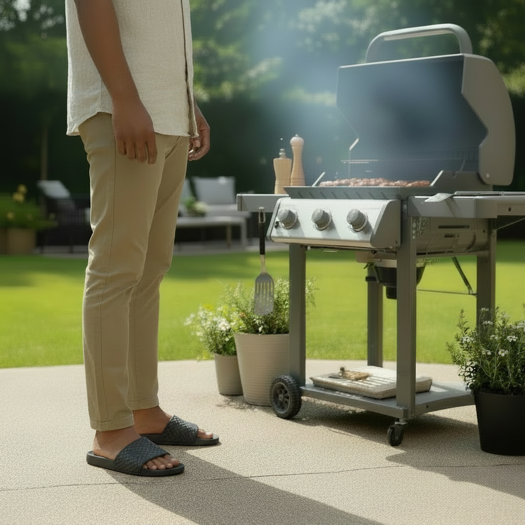 Person grilling outdoors with a barbecue in a garden setting