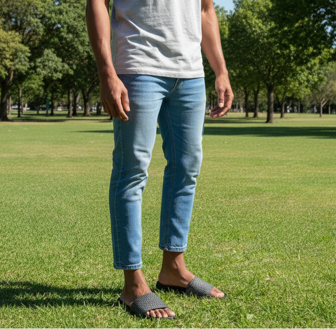 Man wearing a light gray t-shirt and blue jeans standing on grass with trees in the background