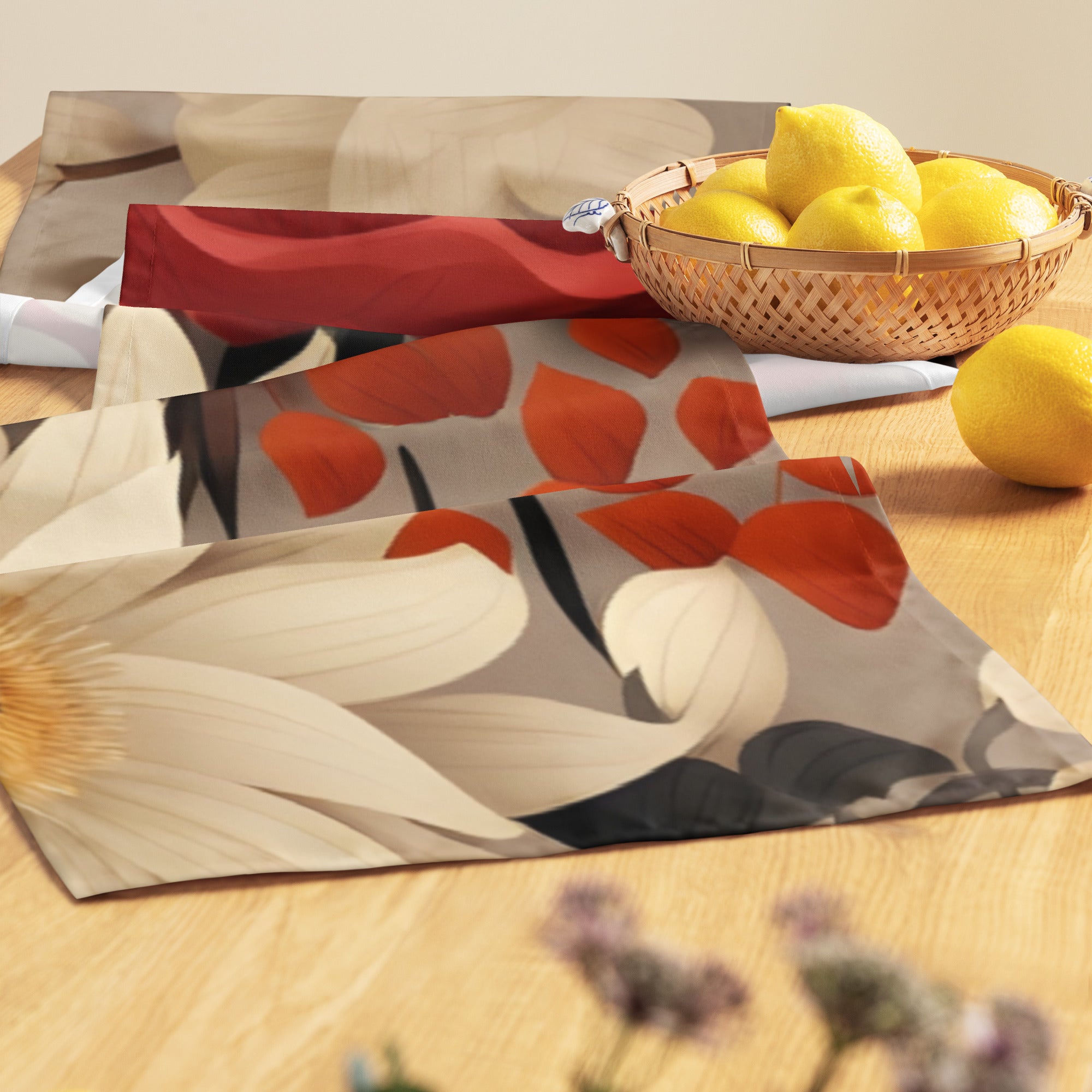 Decorative placemats with leaf patterns on a wooden table with lemons.