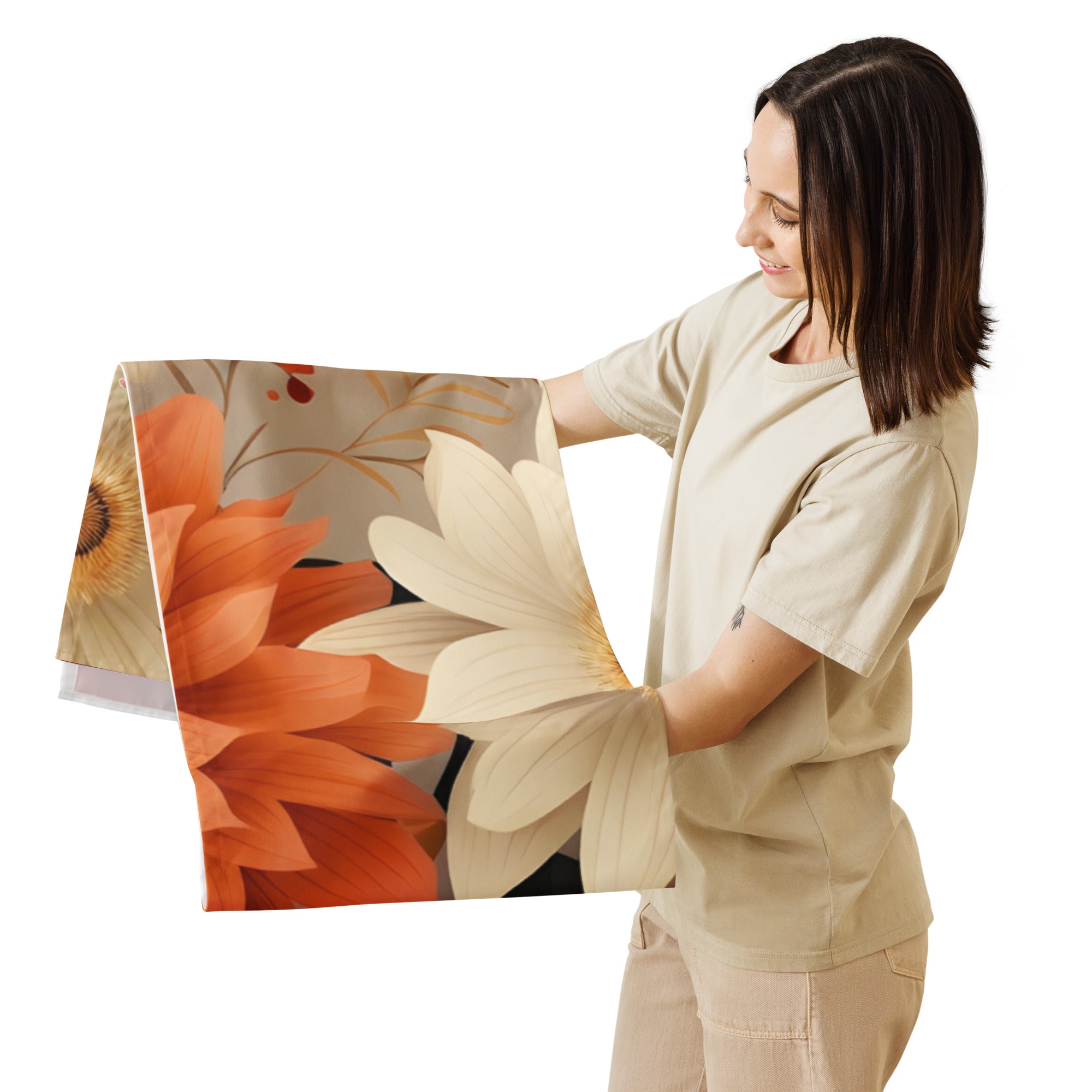 Woman holding a floral painting with a white background
