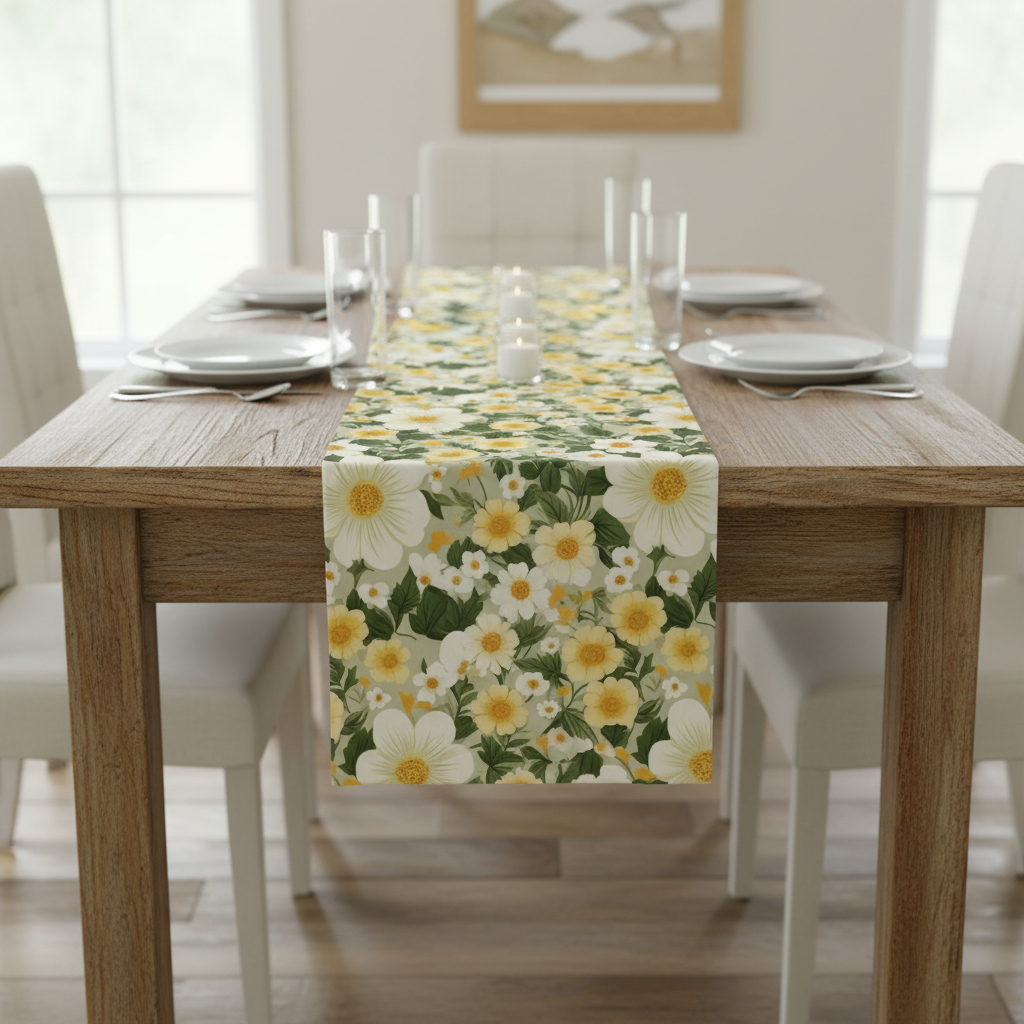 Floral pattern with white and yellow flowers on a green background