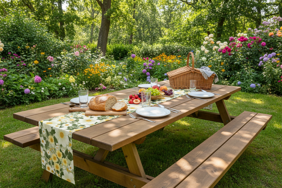Wooden picnic table set with food and a floral tablecloth in a garden setting.