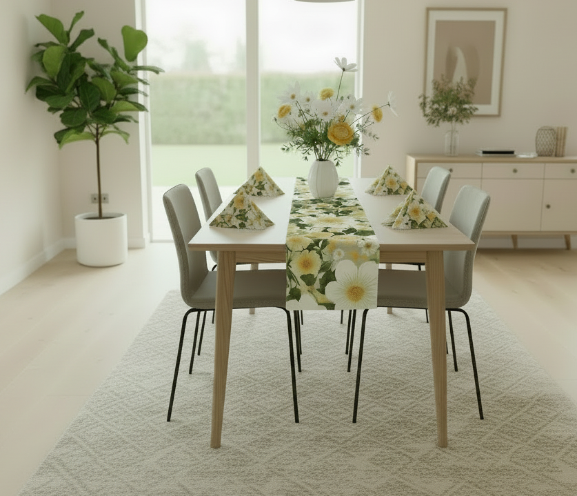 Dining room with a table set for a meal, decorated with a floral tablecloth and centerpieces.