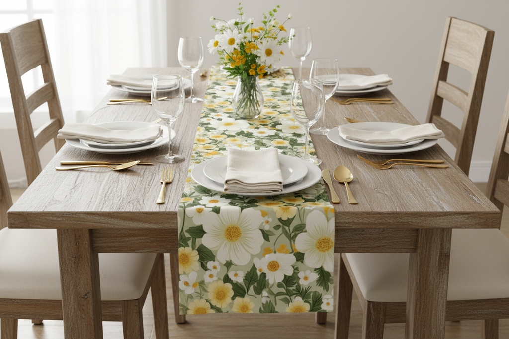 Dining table set with floral tablecloth, plates, and chairs in a bright room.