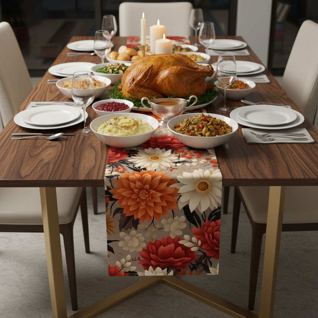 Dining table set for a meal with a floral runner, roasted turkey, and various side dishes.