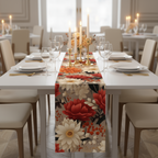 Dining table set with a floral tablecloth, candles, and glasses in a formal dining room.