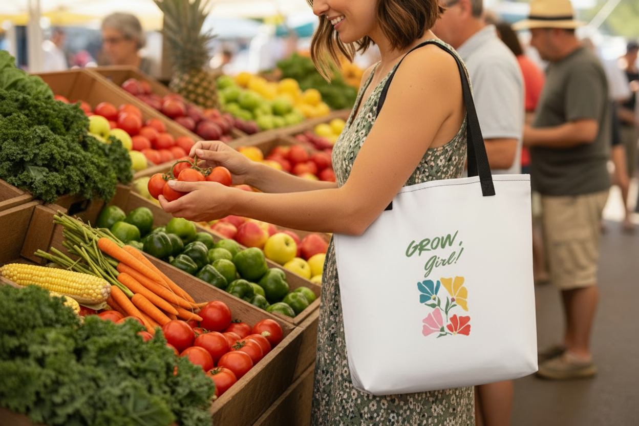 Woman shopping at a farmers market with a tote bag that says 'Grow Girl!'.