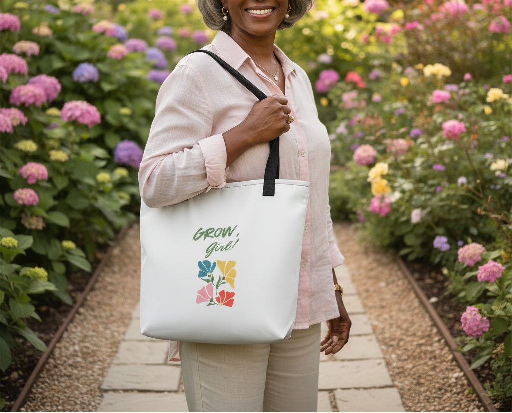 Woman holding a tote bag with 'Grow Girl!' text and floral design in a garden setting