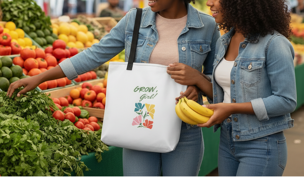 Two women shopping at a farmers market, one holding a tote bag with 'Grow Girl!' text and floral design.