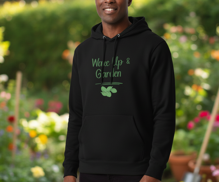 Person wearing a black hoodie with text in a garden setting