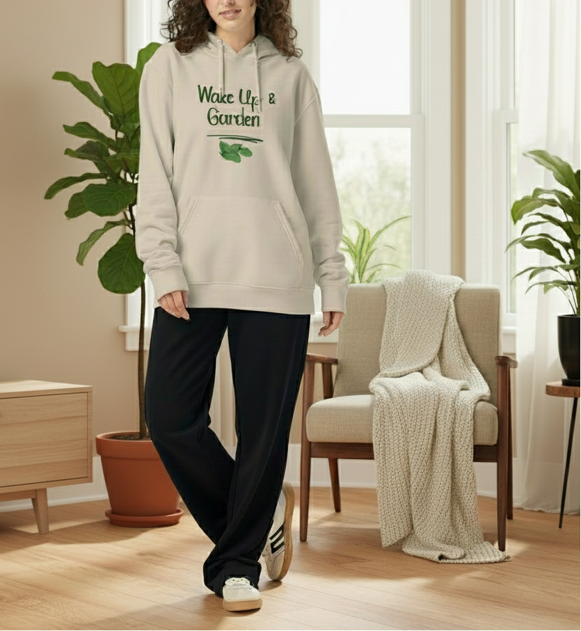 Woman wearing a beige hoodie with text and graphics on a white background