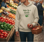 Person wearing a hoodie with 'Wake Up & Garden' text at a farmers market.