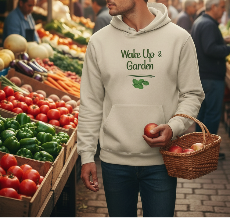 Person wearing a hoodie with 'Wake Up & Garden' text at a farmers market.