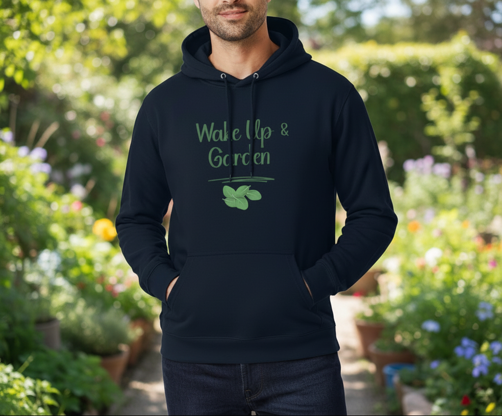 Navy hoodie with 'Wake Up & Garden' text and clover design on a white background