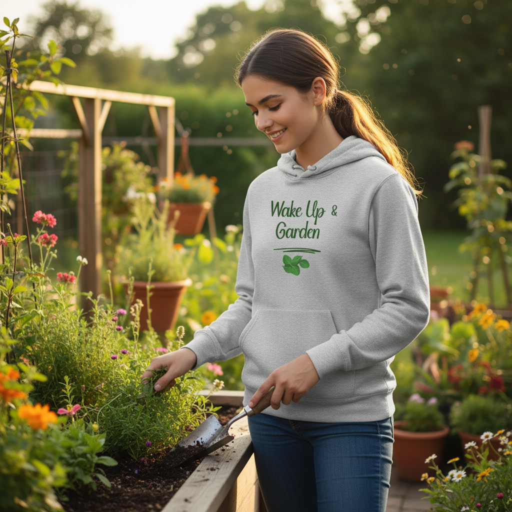 Woman in a garden wearing a hoodie with 'Wake Up & Garden' text, surrounded by plants and flowers.