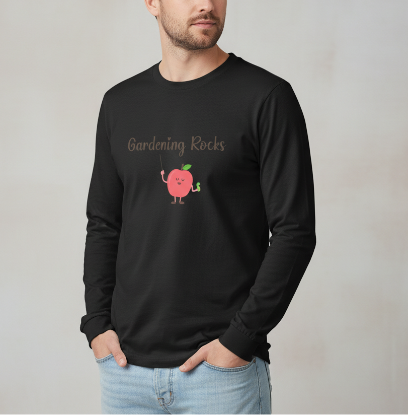 Person wearing a black long-sleeve shirt with 'Gardening Rocks' and a tomato graphic on a plain background
