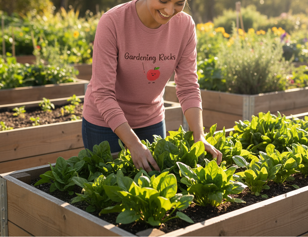Person wearing a pink 'Gardening Rocks' shirt tending to plants in a garden.