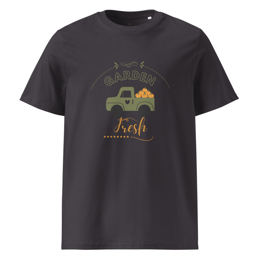 Black t-shirt with 'Garden Fresh' graphic design on a white background