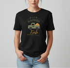 Person wearing a black t-shirt with a graphic of a truck carrying vegetables and the text 'Garden Fresh' on a plain background.