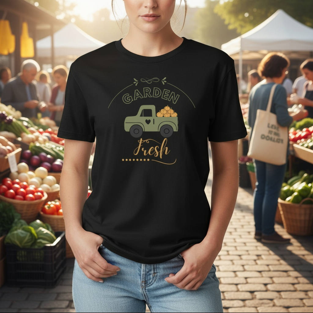 Person wearing a black t-shirt with 'Garden Fresh' graphic at an outdoor market.