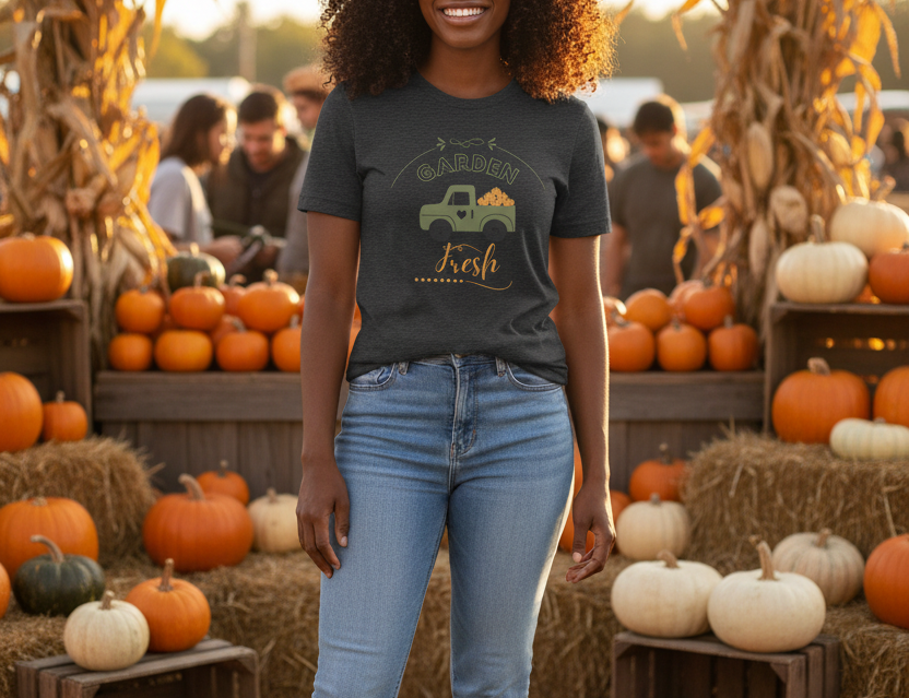 Woman wearing a t-shirt with a pumpkin patch graphic at a fall festival.