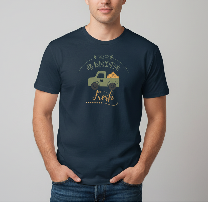 Navy blue t-shirt with a graphic of a truck and 'Garden Fresh' text on a gray background