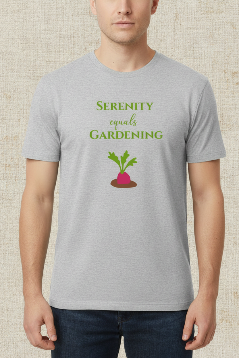 Person wearing a gray t-shirt with a graphic and text 'Serenity equals Gardening' on a white background