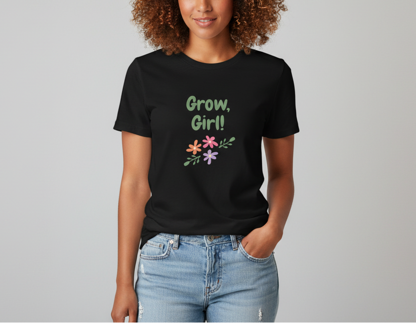Person wearing a black t-shirt with 'Grow, Girl!' text and floral designs on a plain background