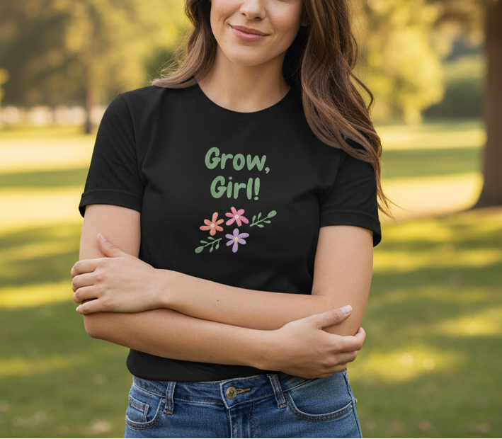 Person wearing a black t-shirt with 'Grow, Girl!' text and flowers in an outdoor setting