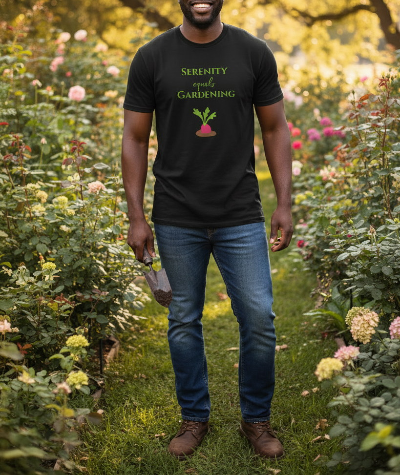 Man in a garden wearing a black t-shirt with gardening-themed text and graphics.