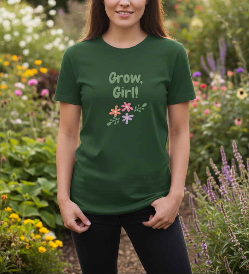 Person wearing a green t-shirt with 'Grow, Girl!' text in a garden setting