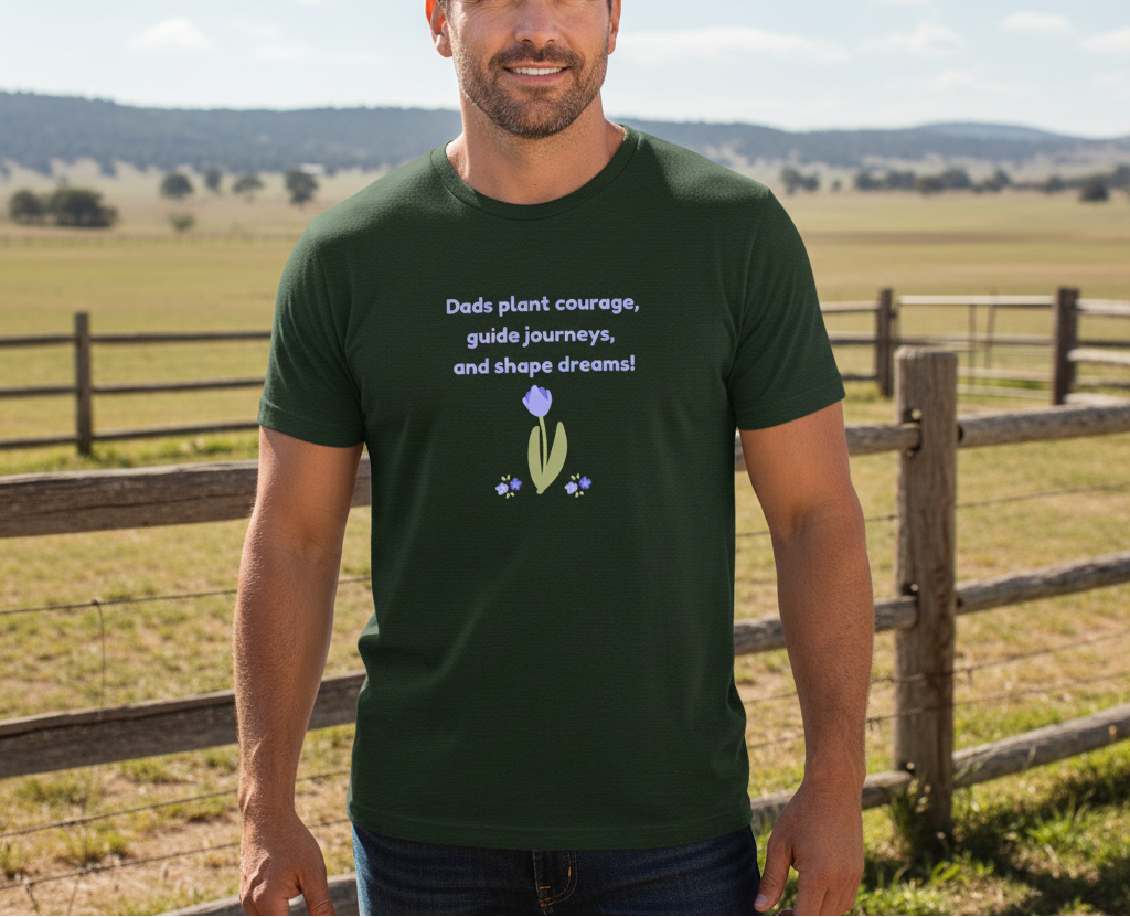 Man wearing a green t-shirt with text and graphics in a rural setting