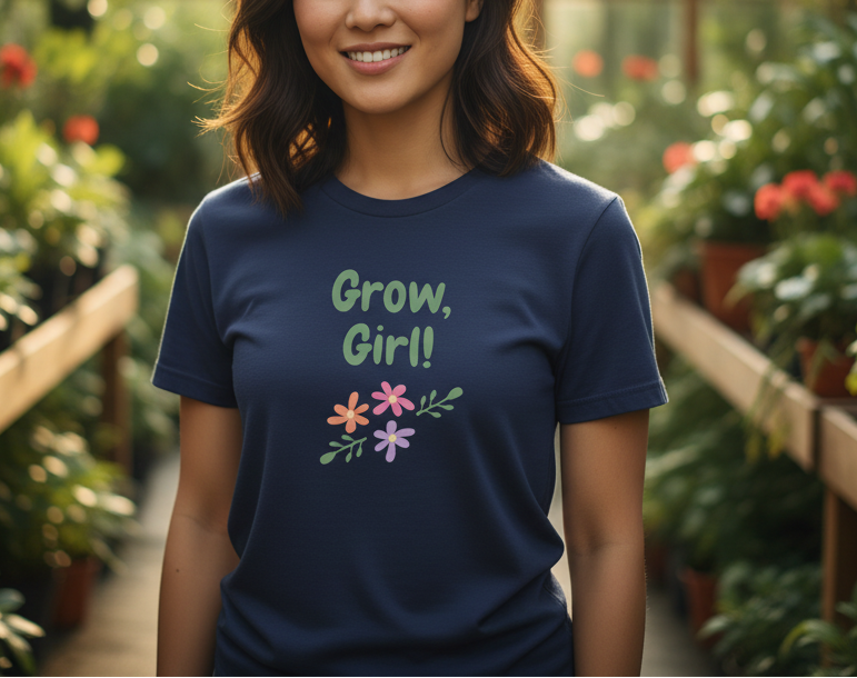 Person wearing a navy blue t-shirt with 'Grow, Girl!' text and floral designs in a greenhouse setting.
