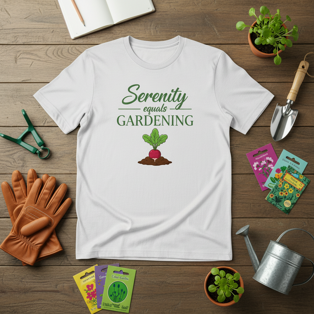 White t-shirt with 'Serenity equals Gardening' design on a wooden surface with gardening tools and plants.